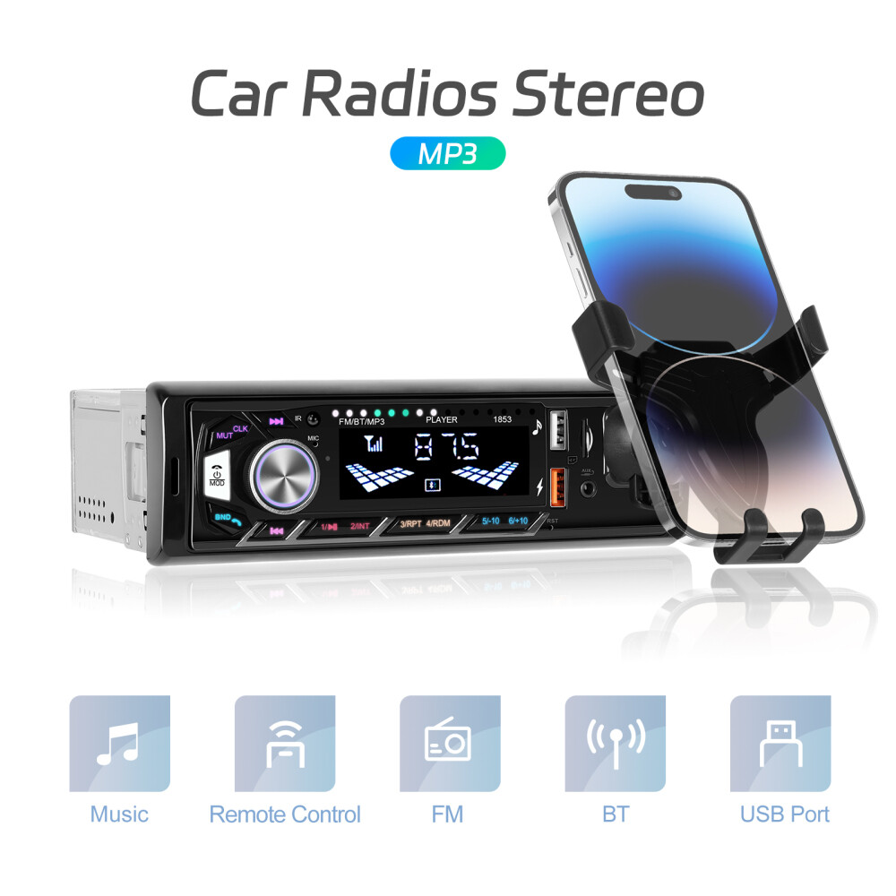 Single 1DIN Car Radio Stereo In-dash FM/USB/AUX/TF Bluetooth Audio +Phone Holder