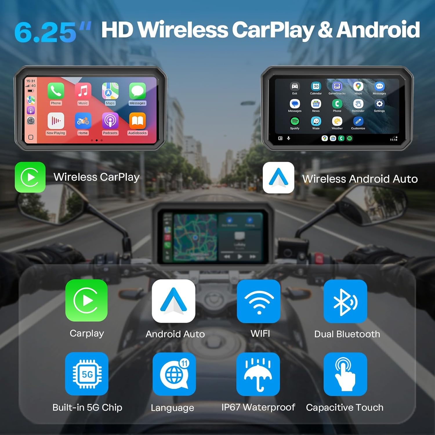 WonVon 7 Inch Wireless Motorcycle Carplay GPS Navigation System Apple Carplay