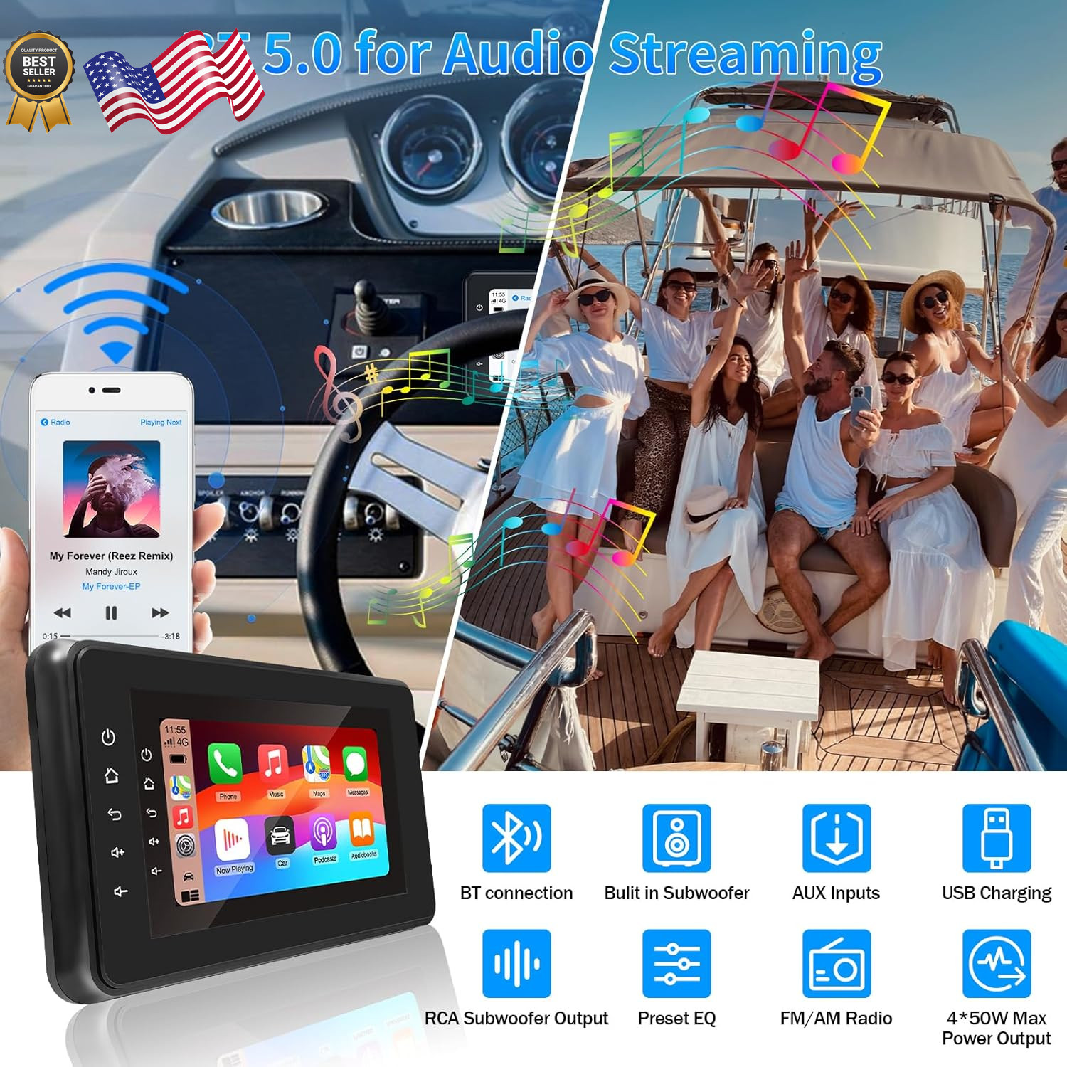 Geloo 2024 Newest Marine Stereo with Wireless CarPlay and Android Auto Porta..