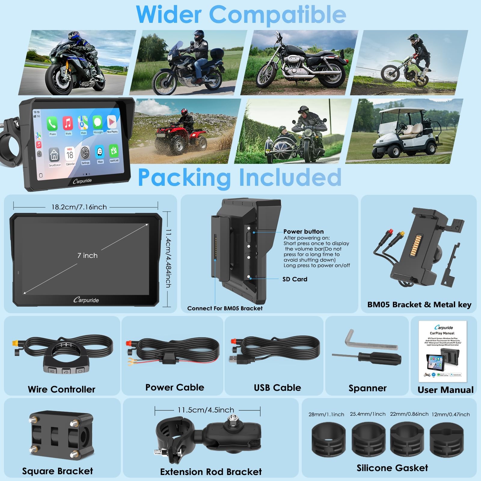 Carpuride W702S PRO 7″ Motorcycle Wireless CarPlay Android Auto GPS Screen