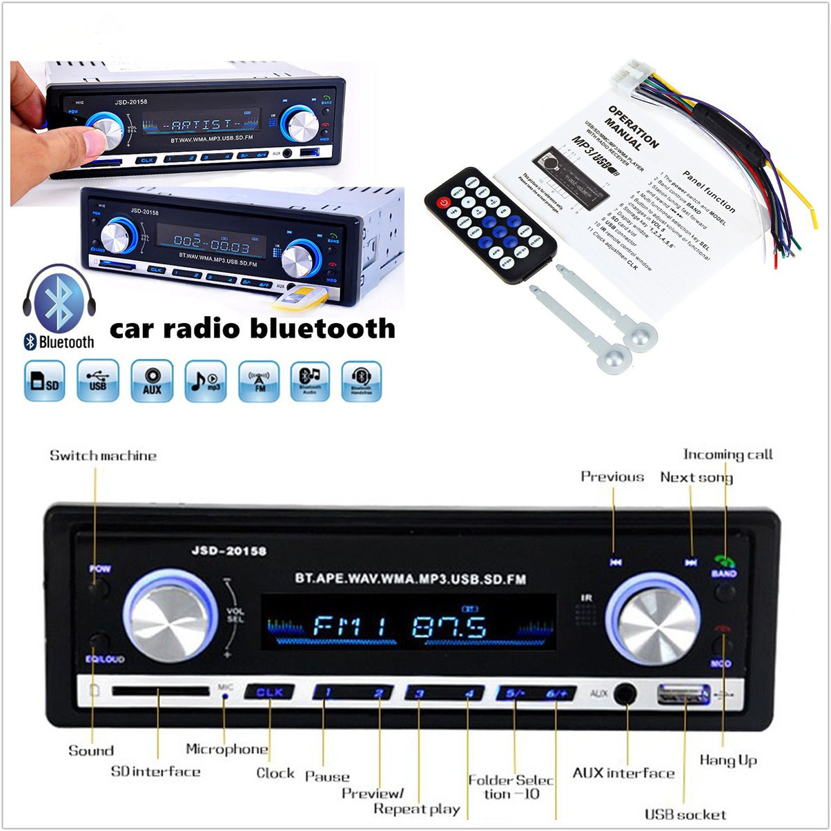 DC12V In-dash Car Radio Bluetooth V2.0 MP3 Player SD USB WMA FM Hands-free Calls