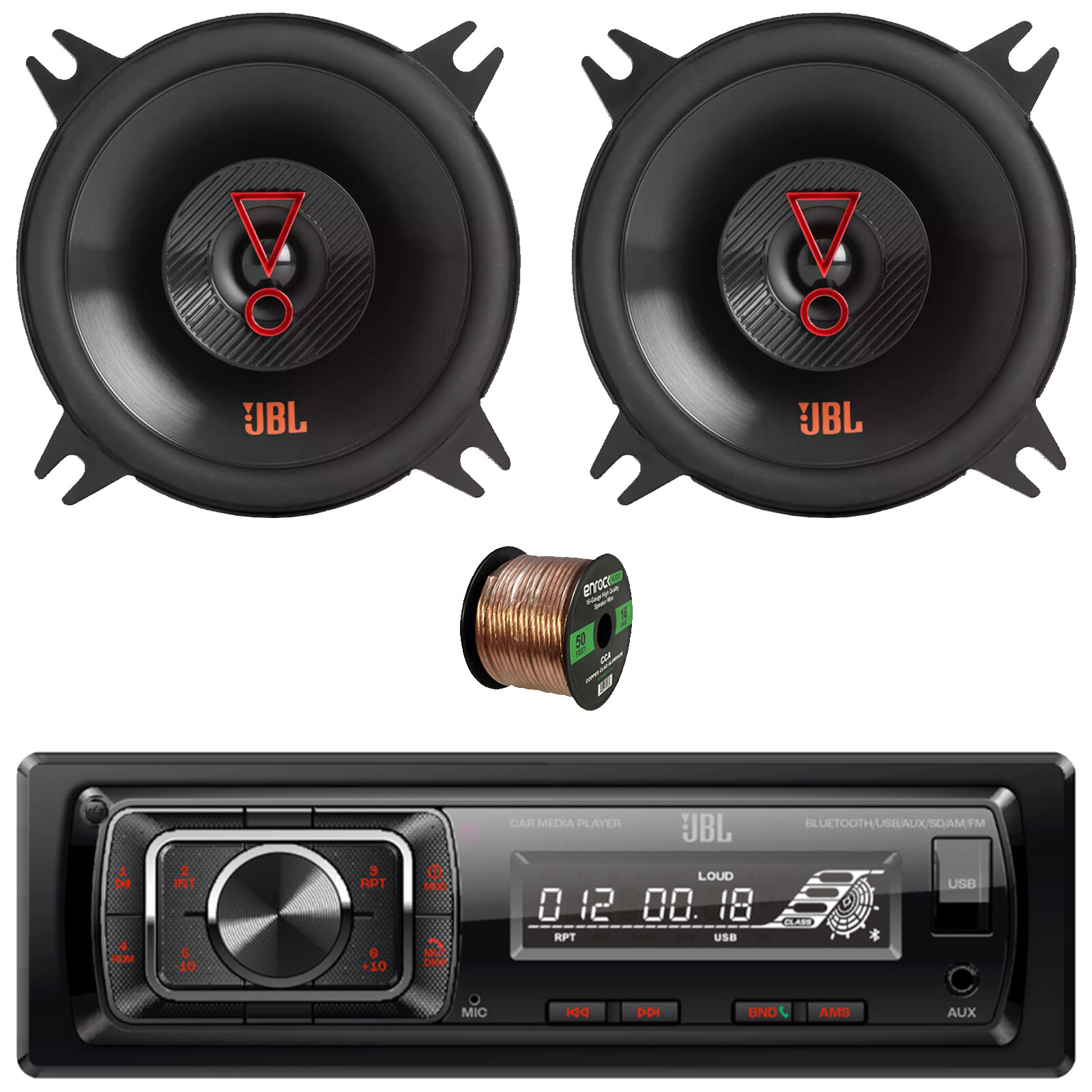 JBL 1-DIN Bluetooth FM USB SD Receiver, 2x 4″ 150W Max 2-Way Coaxial Speakers