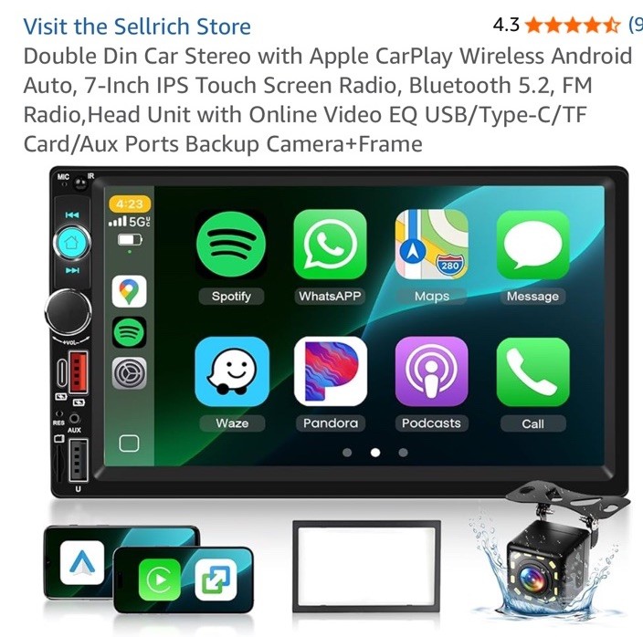 Double Din Car Stereo with Wireless Carplay & Android , 7 Inch HD Touch back up