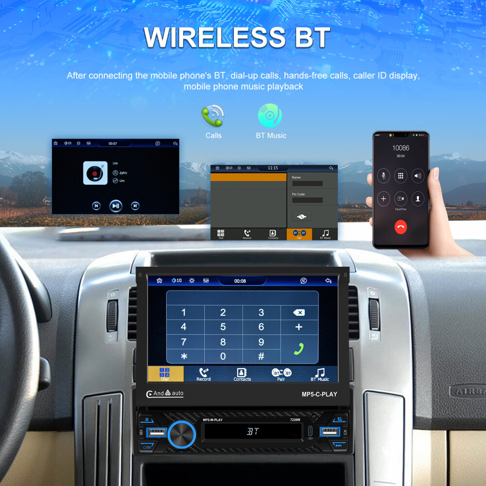 7″ Single 1DIN Car Stereo electric CarPlay Touch Screen USB MP5 Player Flip Out