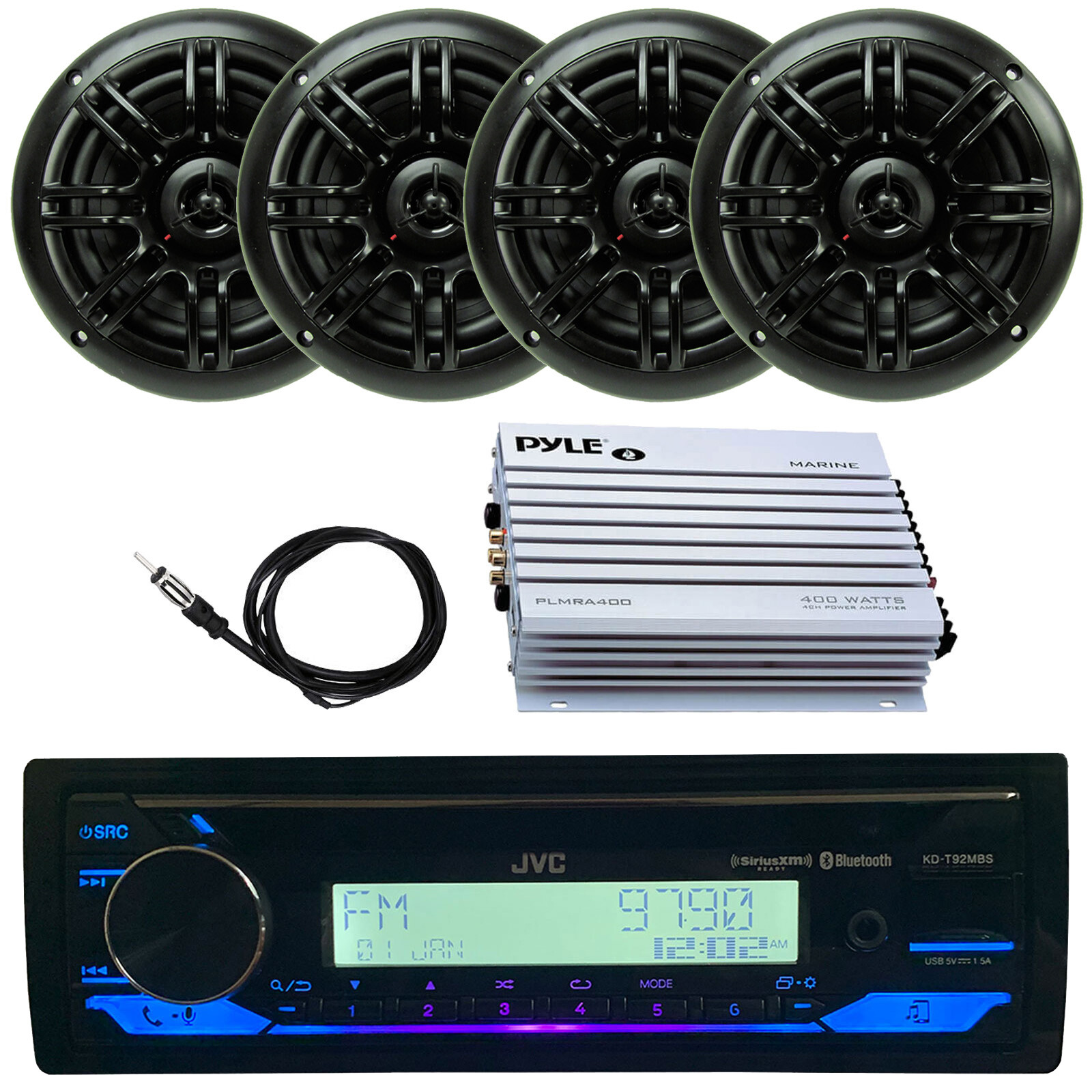 JVC KD-T92MBS AUX/USB Bluetooth Radio Receiver+ 4 Speakers + 400W Amp+ Antenna