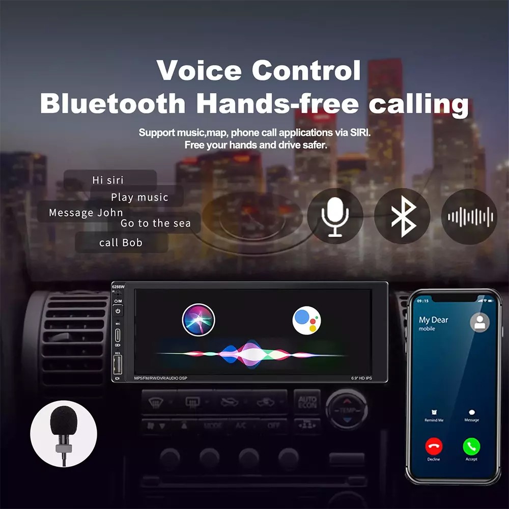 Single Din Car Stereo Wireless Apple CarPlay 6.9 touchscreen Bluetooth Radio USB