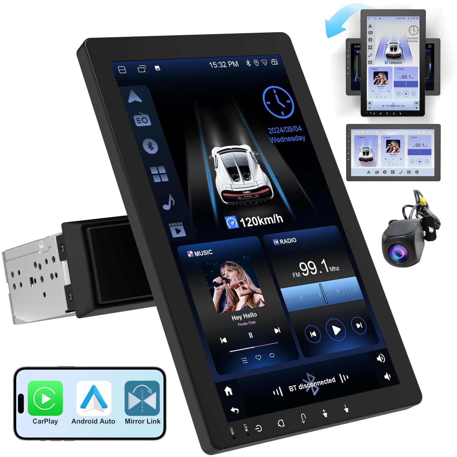 10.1″ Single DIN Car Stereo, Wireless Apple CarPlay & Android Auto, Bluetooth, W