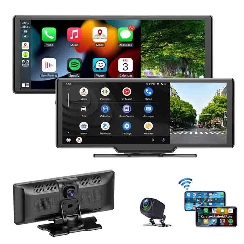 10″ Portable Touchscreen Wireless Carplay/Mirror Radio Car Stereo 2K Dash Cam BT