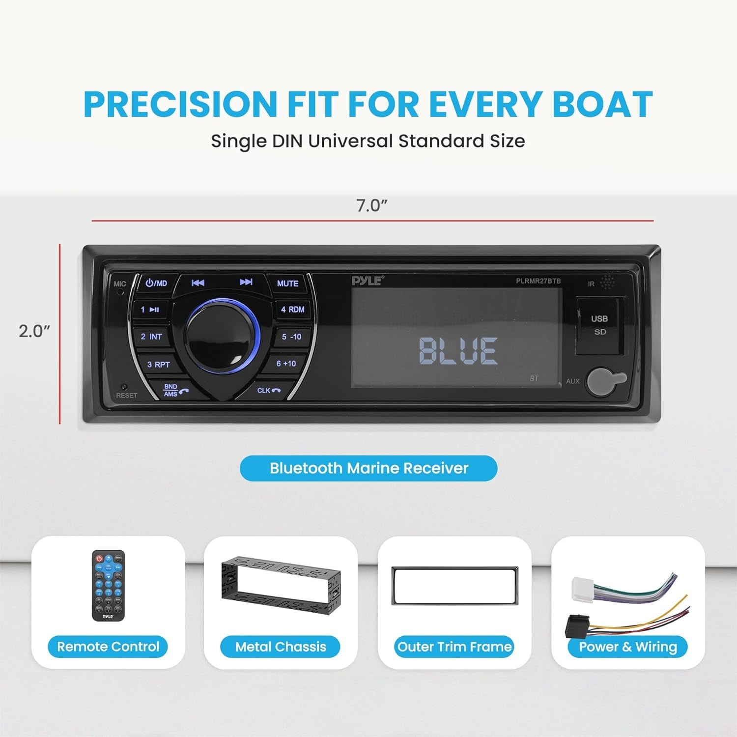 300W Bluetooth Marine Stereo Receiver – Single DIN In-Dash AM/FM Radio with USB/