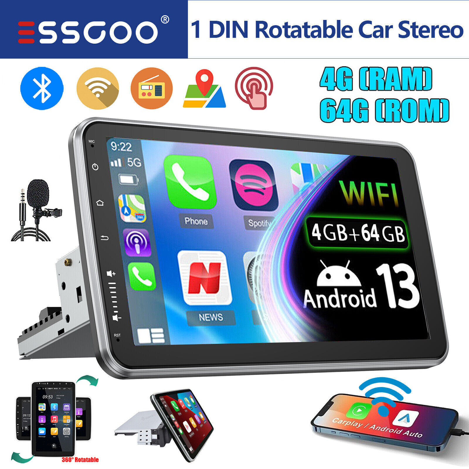 Carplay 10.1″ Android 13.0 Rotatable TouchScreen GPS Nav Car Stereo Radio 4+64GB