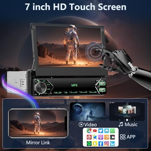 Single Din Car Stereo Wired CARPLAY Android auto, Flip Out Car Radio 7 Inch