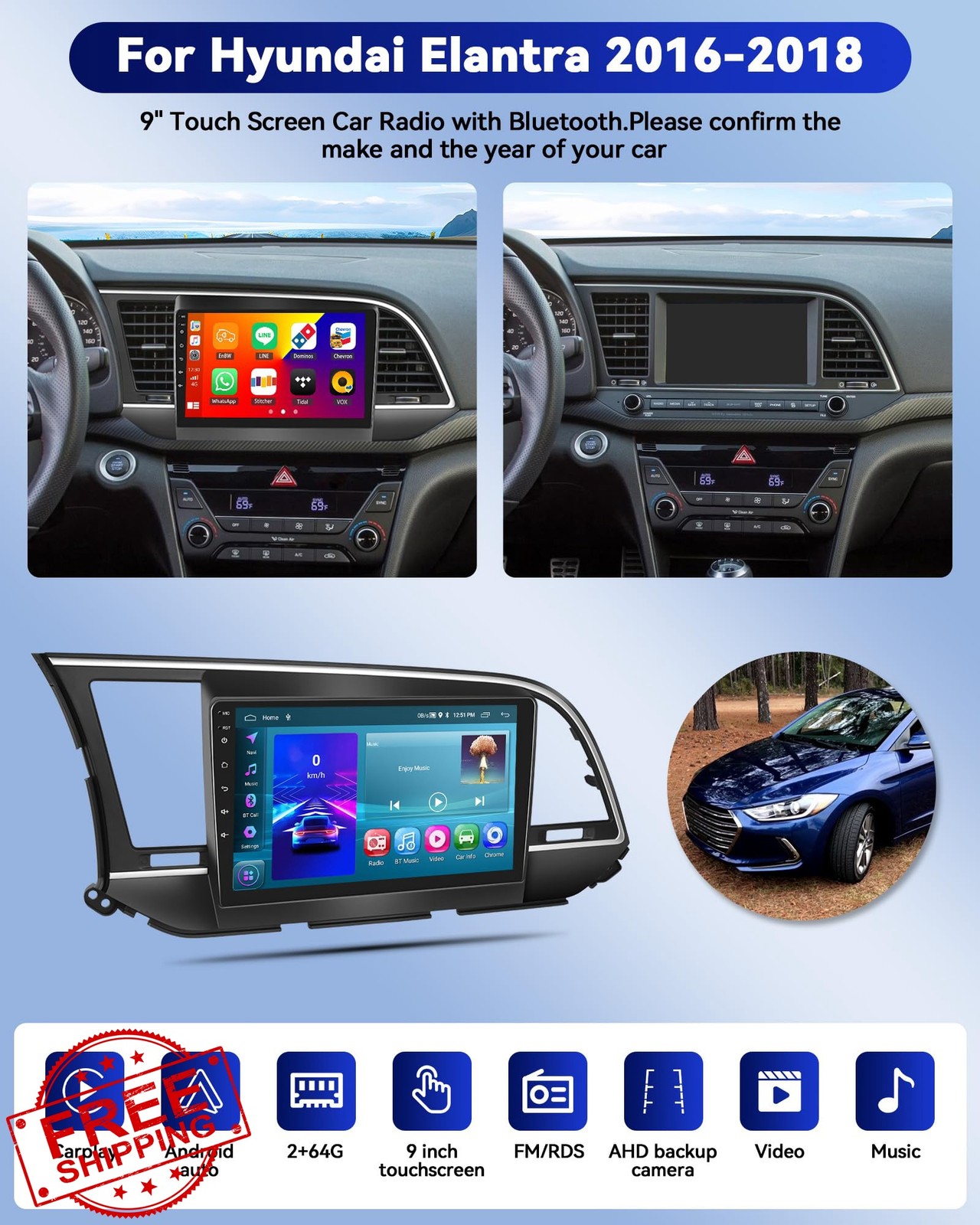 for Hyundai Elantra 2016 2017 2018 Android 15 Car Stereo, Wireless CarPlay Ra…