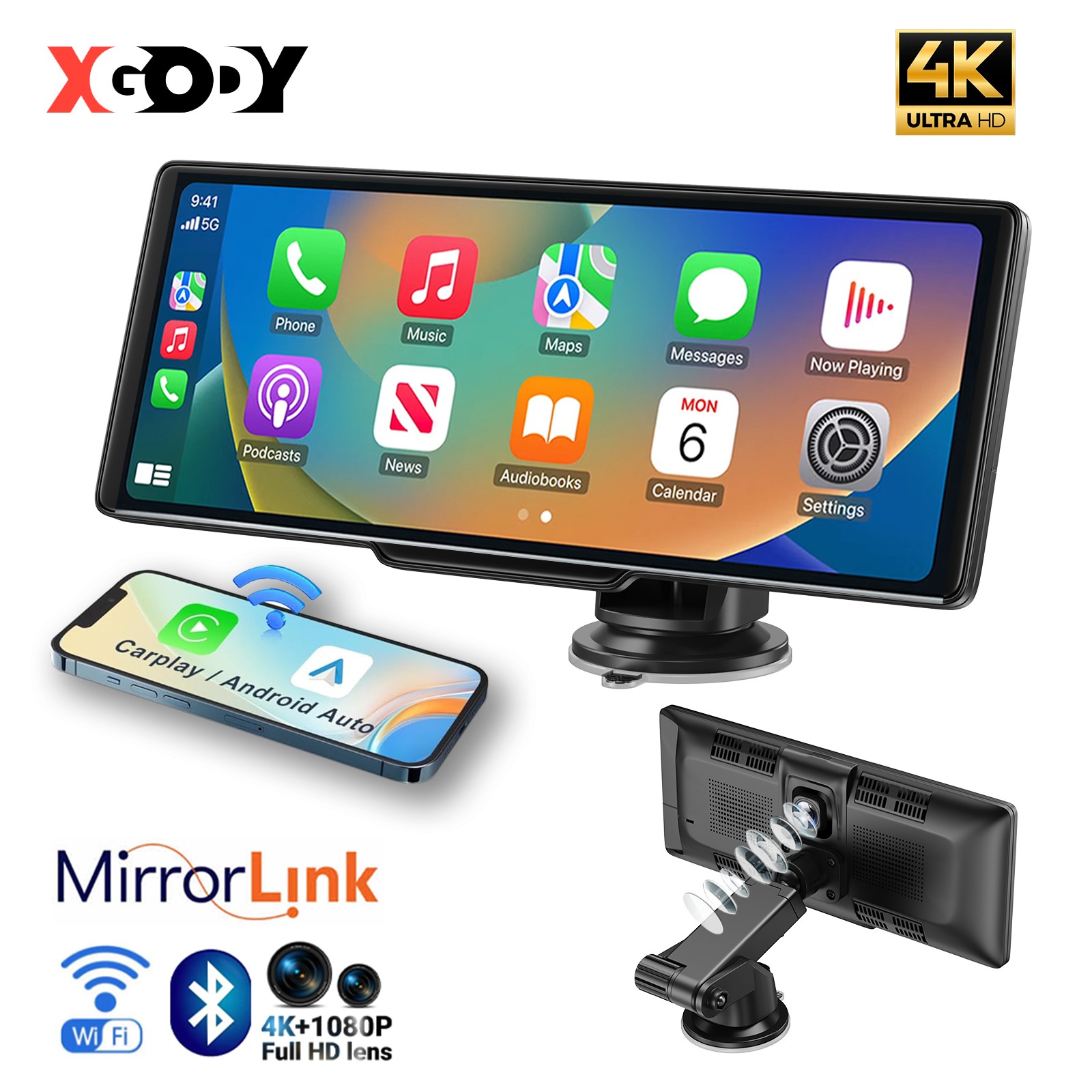 XGODY 10.26″ Touch Screen 4K Dash Cam Apple CarPlay Android Auto Car Radio BT FM