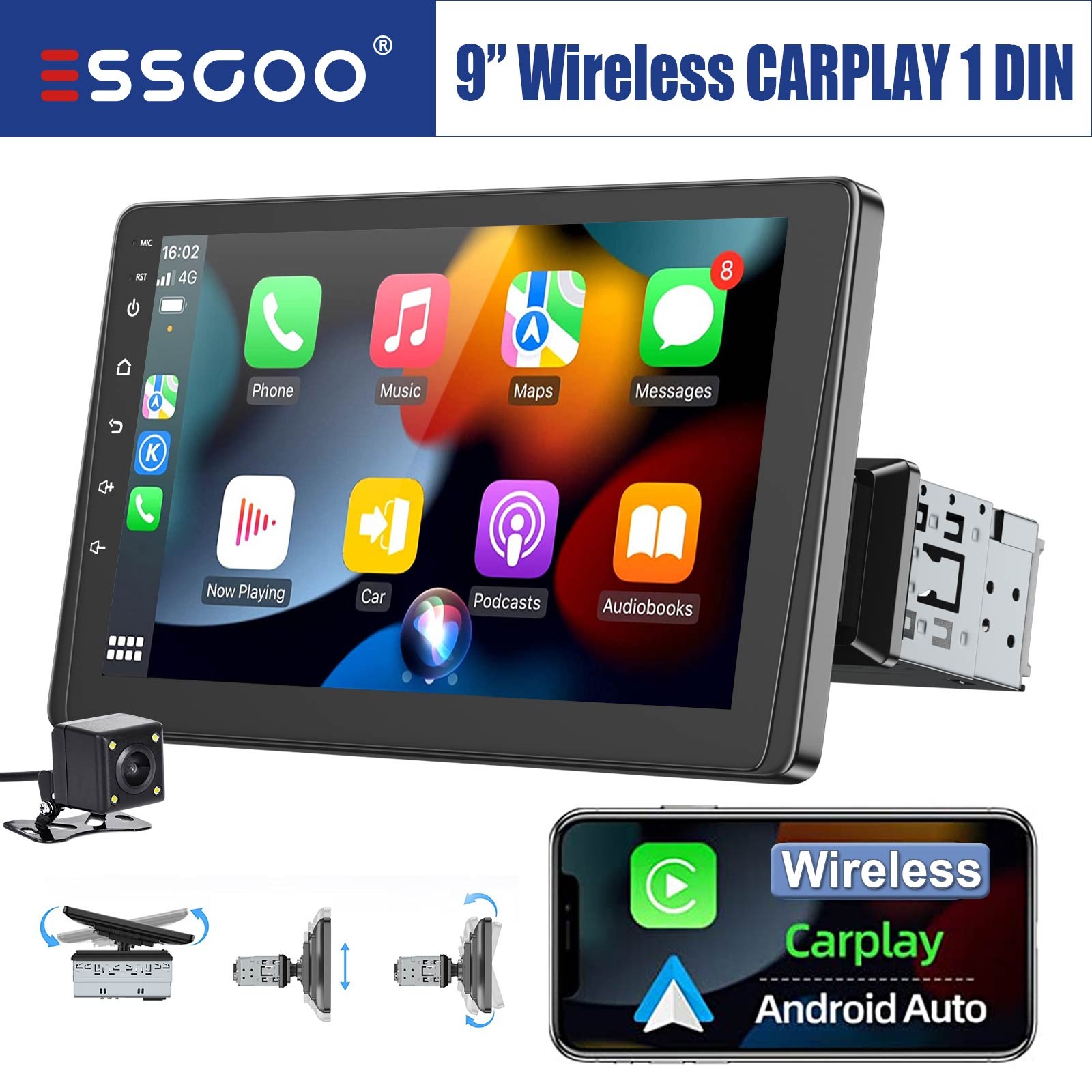 1 DIN 9″ Car Stereo Radio Touch Screen Apple CarPlay Android Auto BT USB Camera