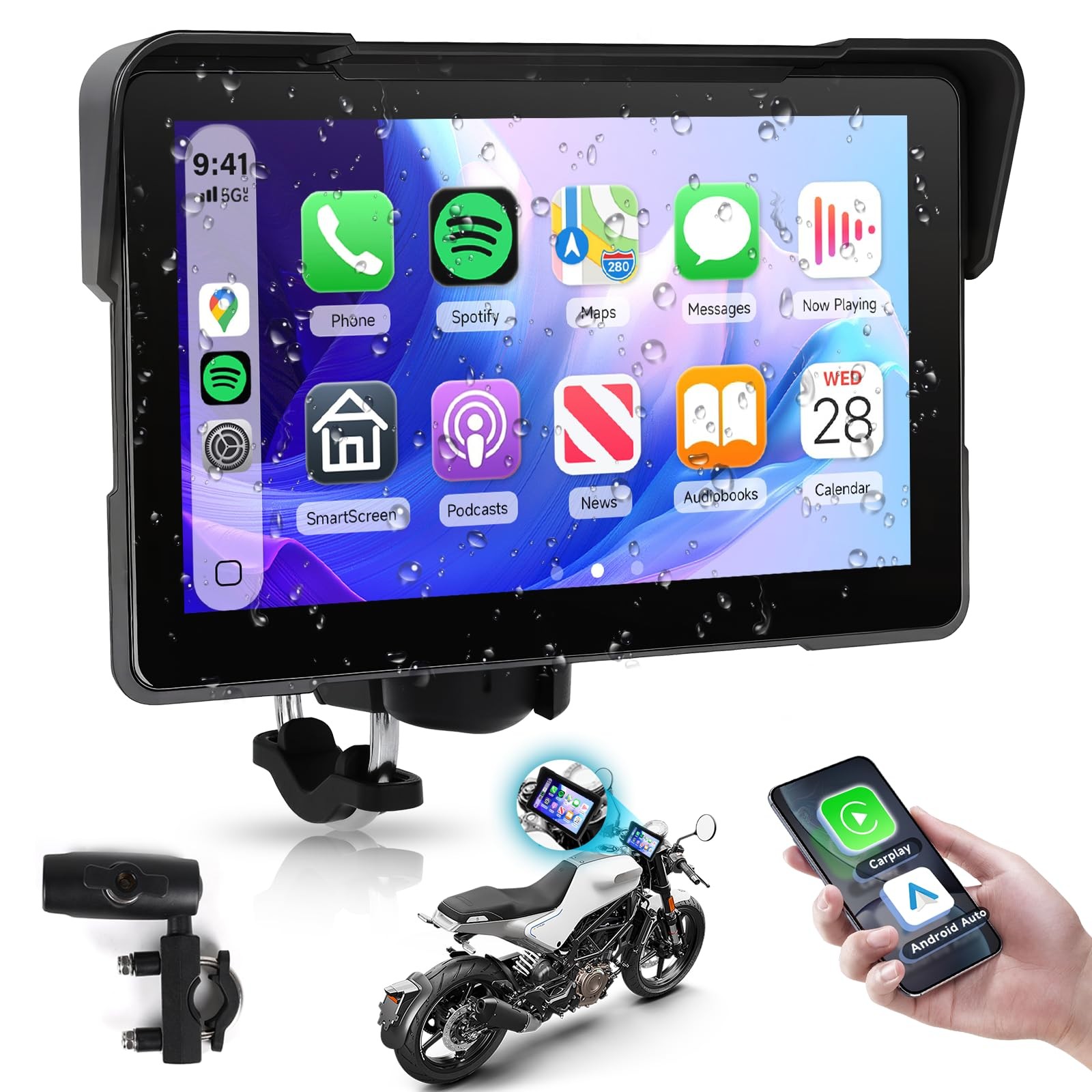Share 7″ Waterproof Carplay Screen with GPS, Dual Bluetooth & Voice Control
