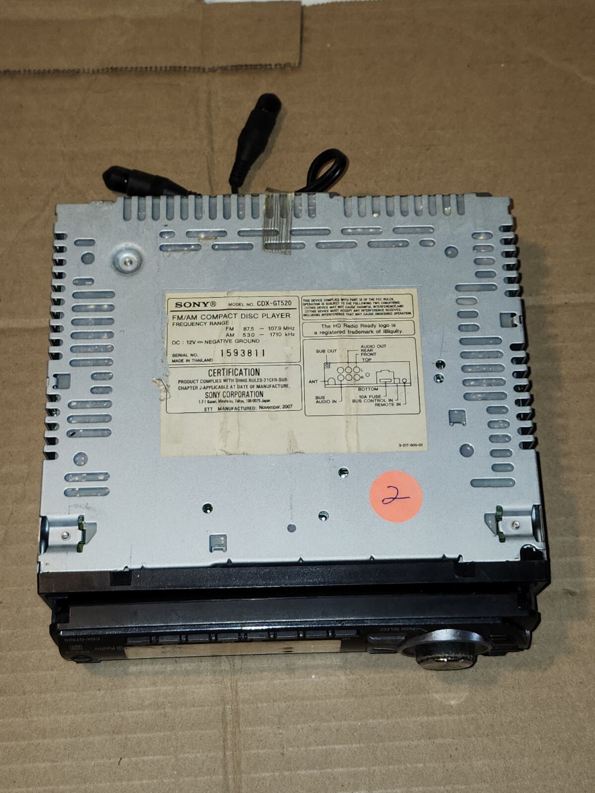 (H8-#2) — Sony GTX-GT520 Compact Disc Player For Auto – Untested