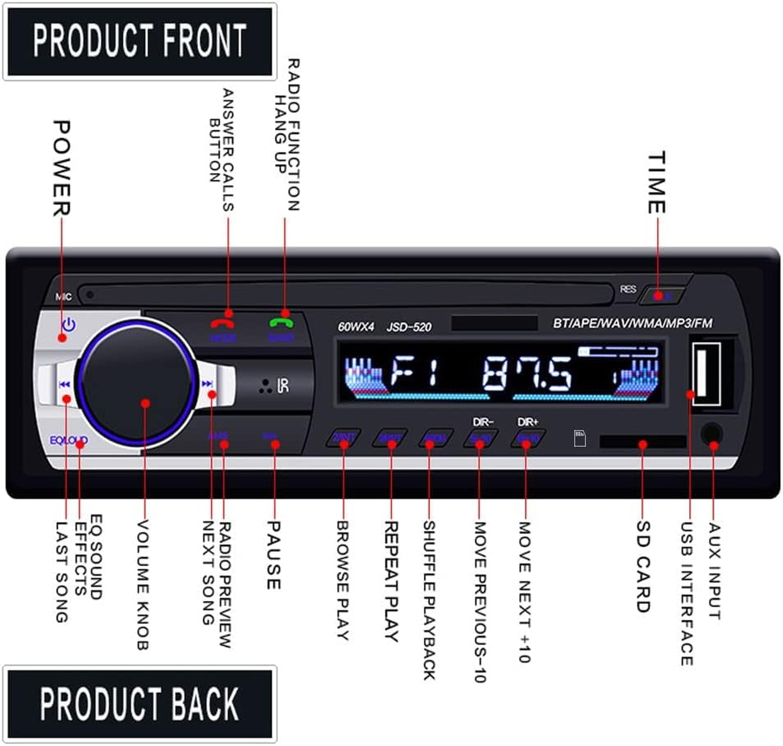 Car Stereo Bluetooth FM Radio MP3 Player USB SD AUX 1 DIN ISO Receiver