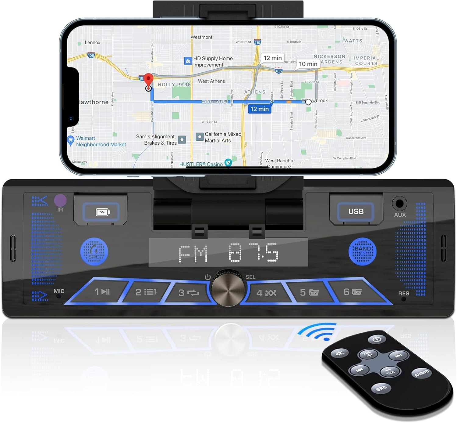 Single-Din Stereo with Car Phone Holder – Bluetooth Car Radio – Push to Talk …