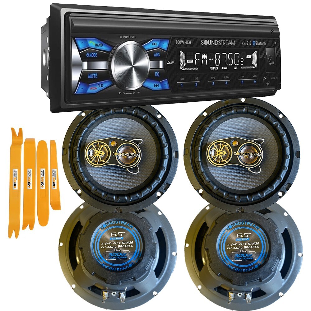 Soundstream Single DIN Car Stereo Receiver & 2 Pair 300W 6.5″ Coaxial Speakers