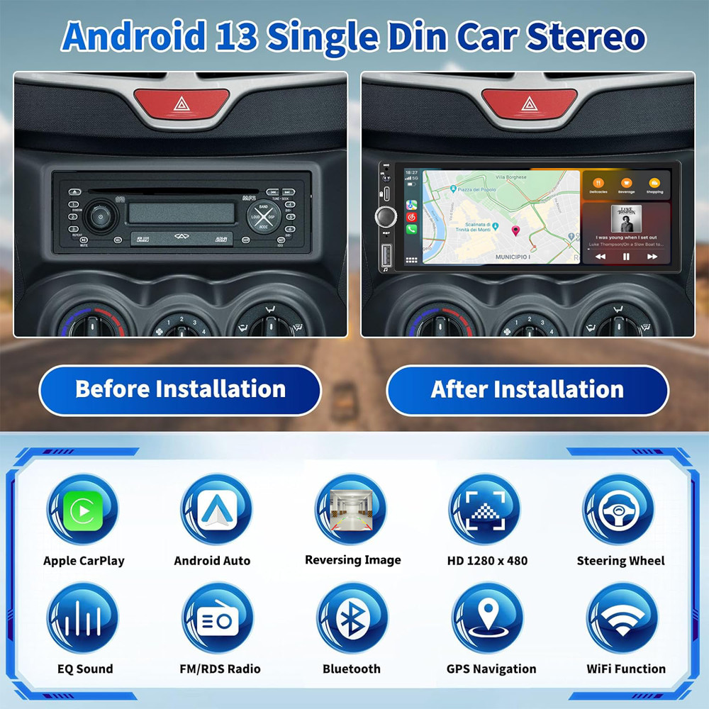 Android 13 Single 1 Din Car Stereo Wireless Apple Carplay/Android Auto Radio 64G