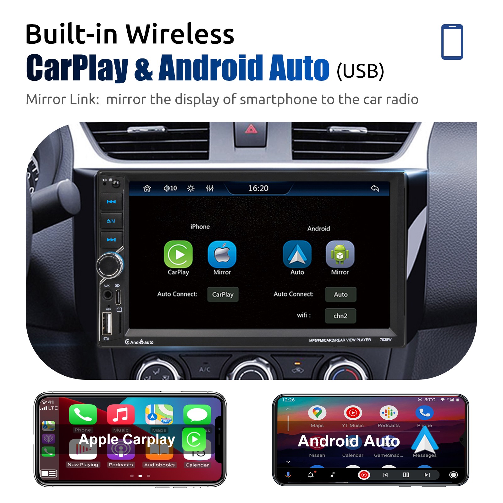 7Inch Double DIN Car Stereo Wireless Apple Carplay Android Auto Play FM Radio