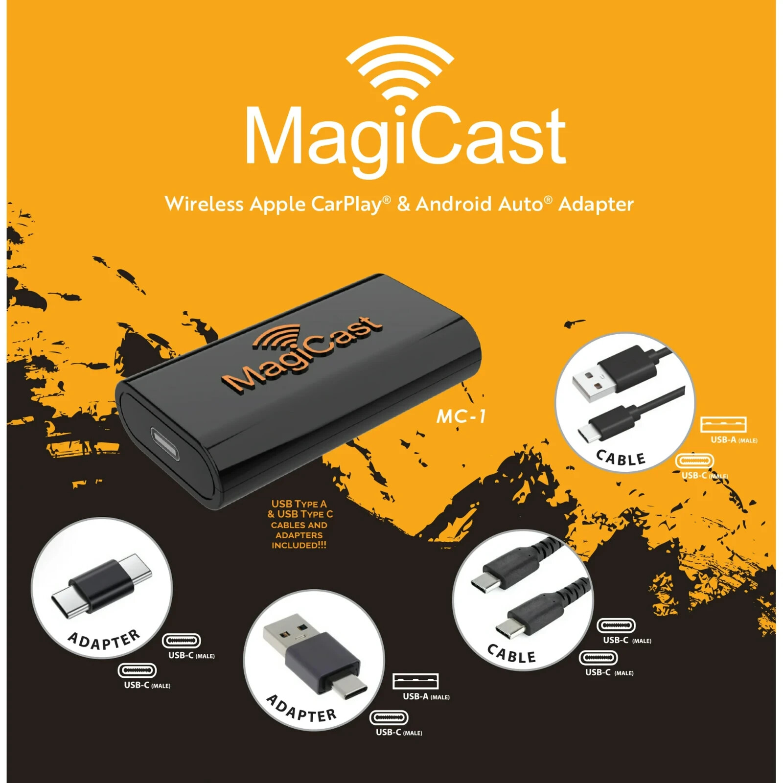 Power Acoustik MagiCast Wireless CarPlay/Android Auto,Converts Wired to Wireless