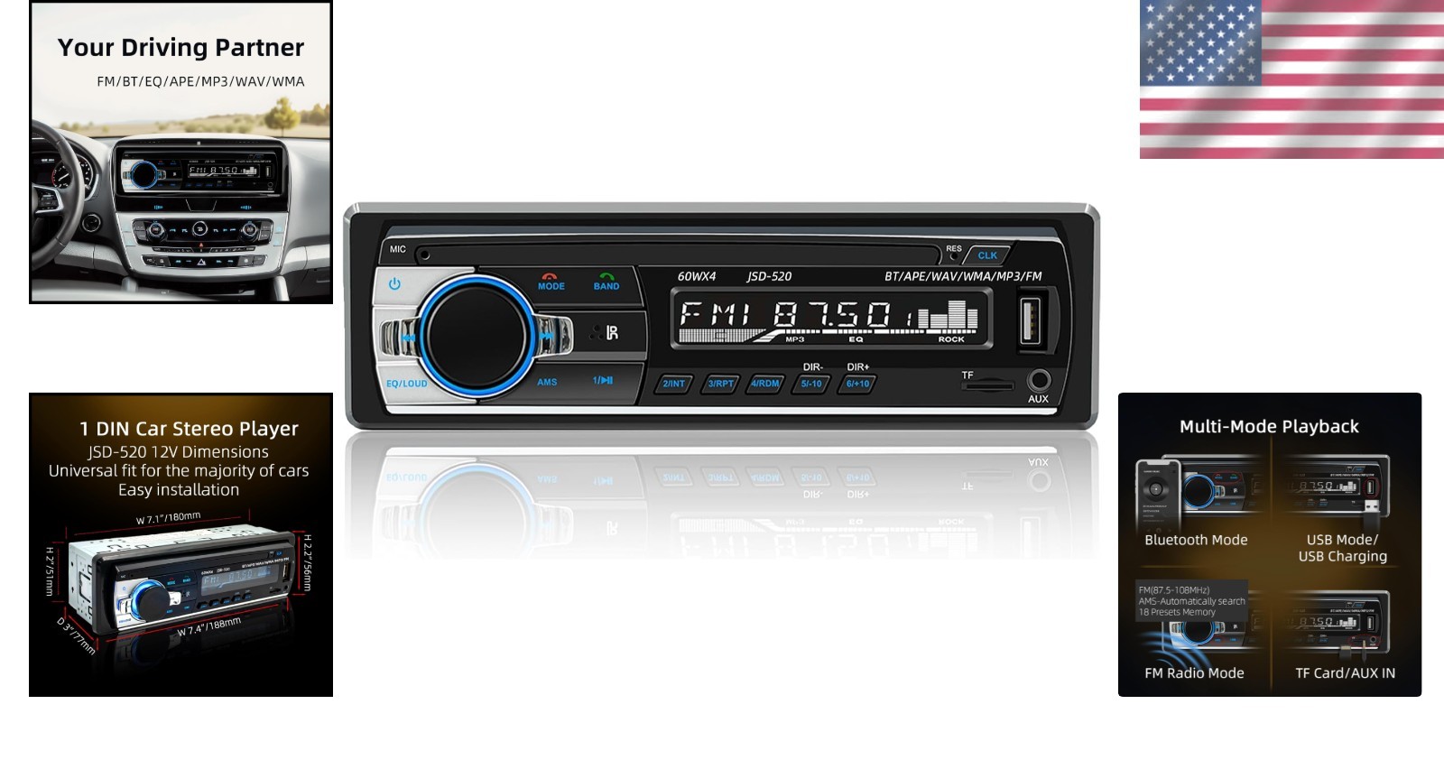 Compact JSD-520 Single Din Car Stereo with Bluetooth & Hands-free Calling