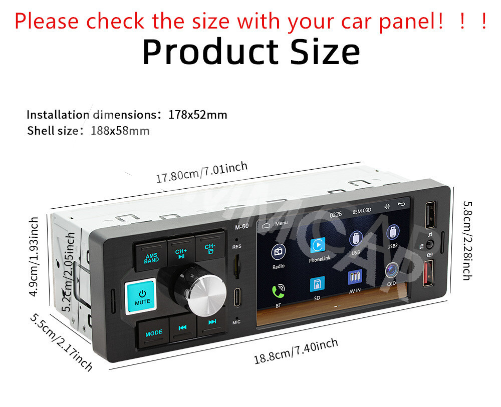 4.1in Single Din Car Media Player Touch Screen Radio Bluetooth Stereo TF AUX USB