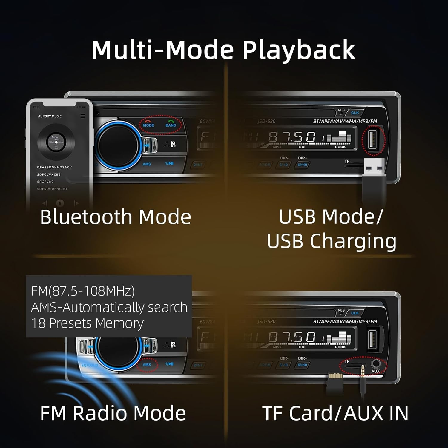Compact JSD-520 Single Din Car Stereo with Bluetooth & Hands-free Calling