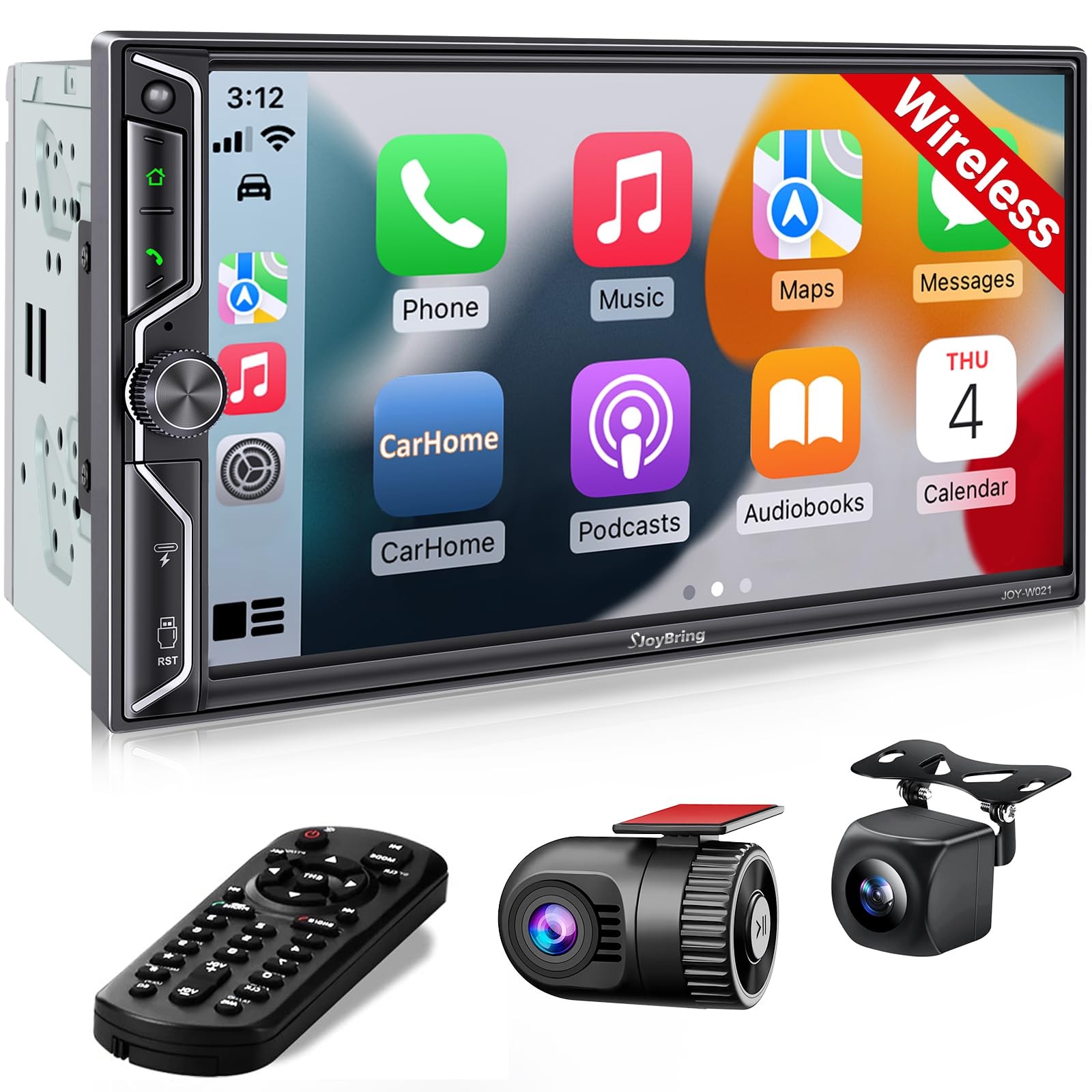 [QLED Screen Upgrade] 7″ Double Din Car Stereo with Dash Cam, Wireless Apple …