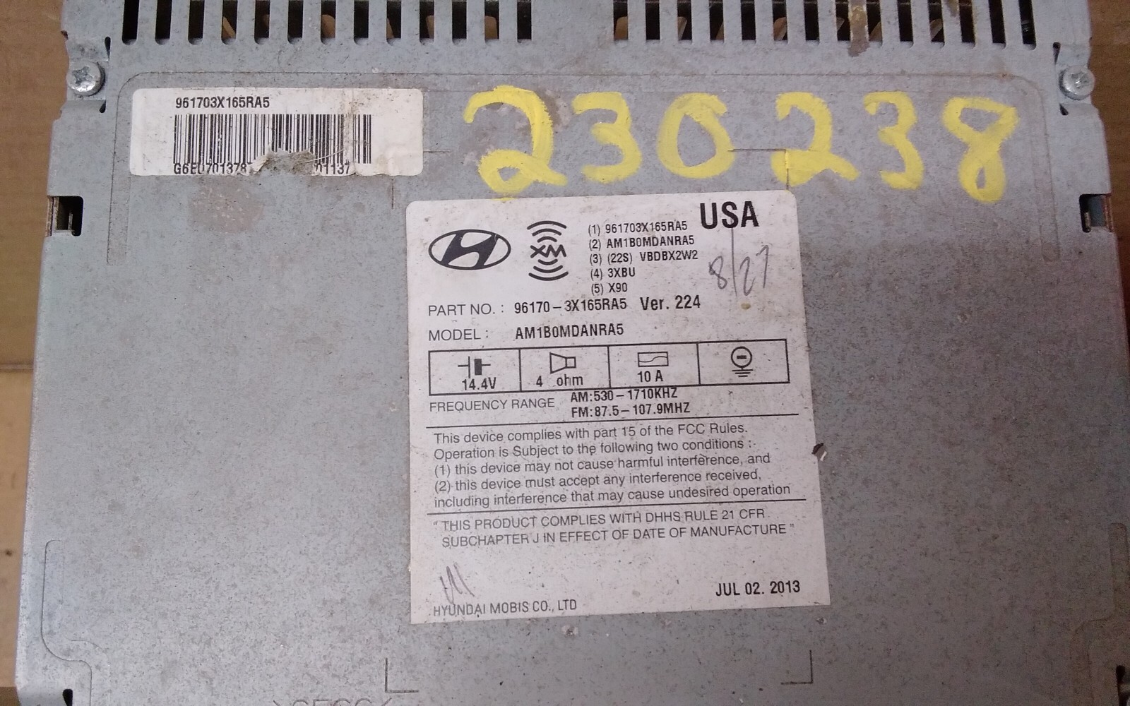 2013 HYUNDAI ELANTRA AM FM CD MP3 RADIO ID-96170-3X165RA5