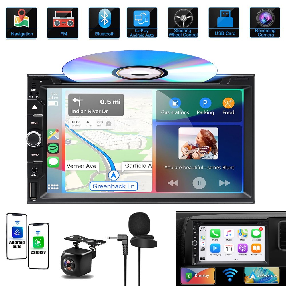 Backup Camera 2-Din Car Stereo Radio CD DVD Player Bluetooth CarPlay GPS Auto AM