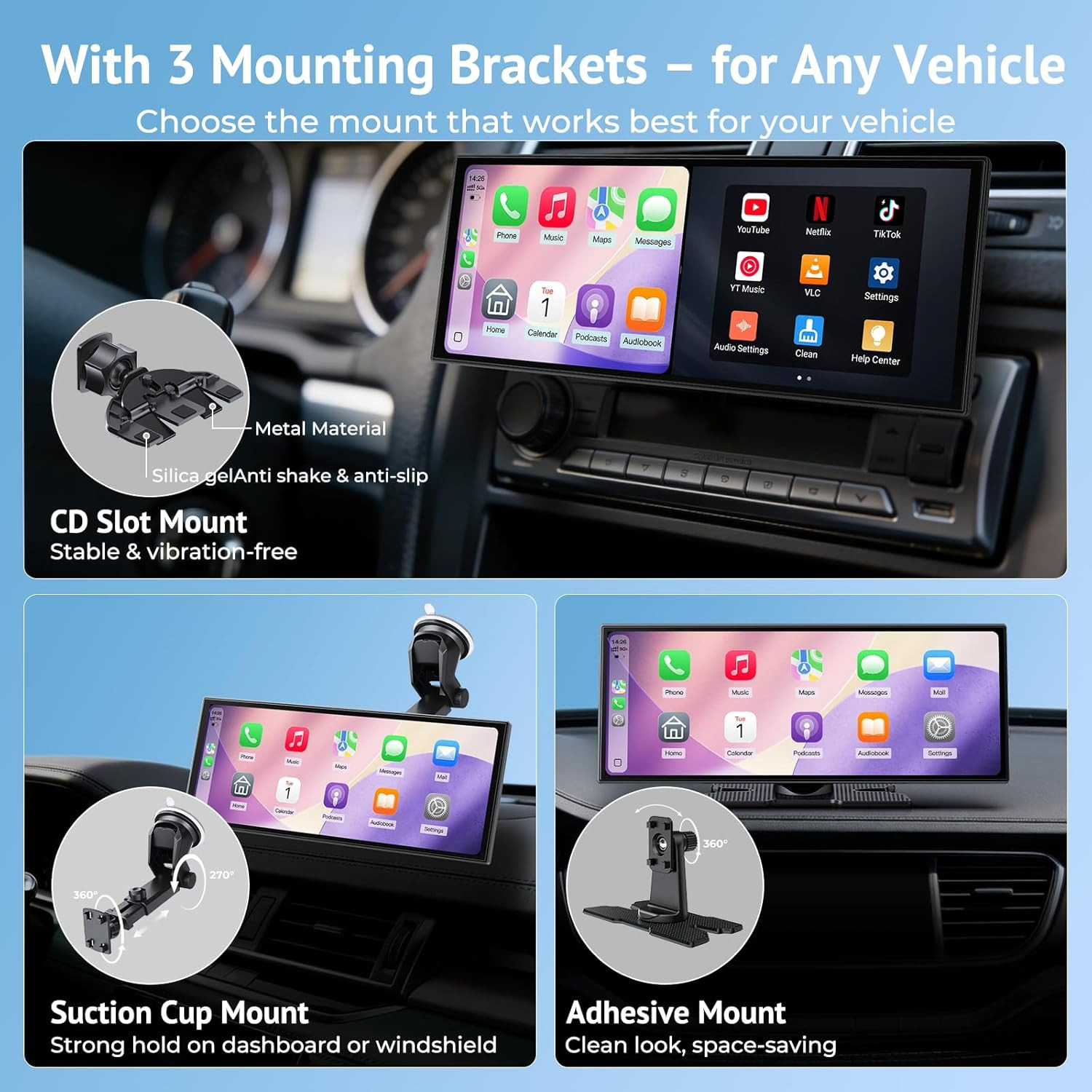 11.26″ Carplay Screen for Car, Built-In N-Etflix/Youtube/Tiktok, Car Stereo for