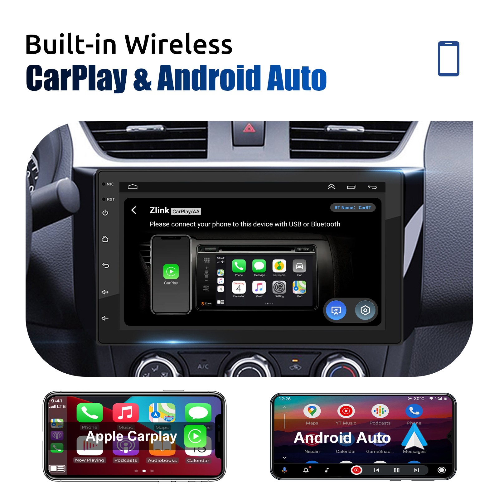 6+128GB 8-Core 7″ 2 DIN Car Stereo Radio Android 15 Carplay GPS Navi WIFI SWC BT