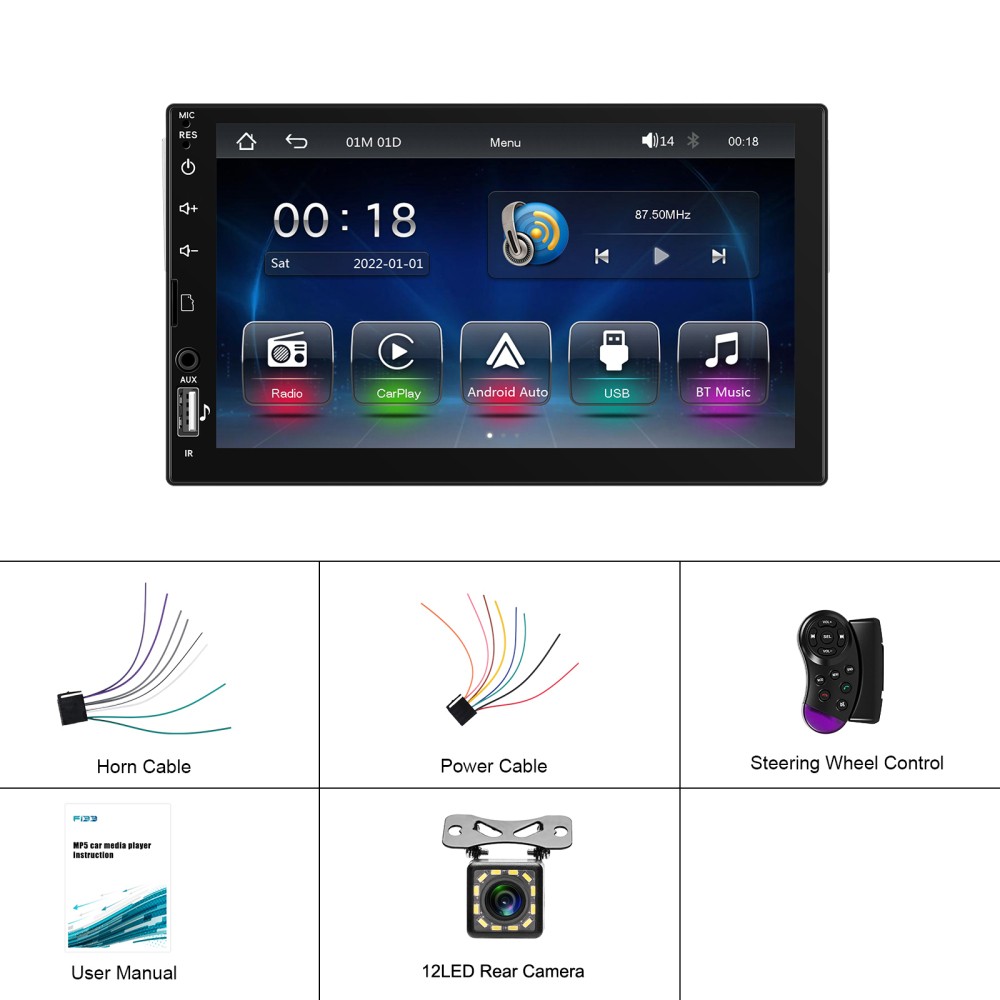 7″ Single 1Din Touch Screen Car Stereo Radio USB BT Android auto Carplay +Camera