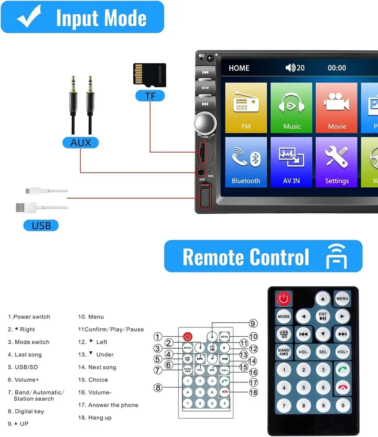 Universal 7″ 2 DIN Car Stereo Bluetooth MP5 FM Radio Mirror Link USB AUX