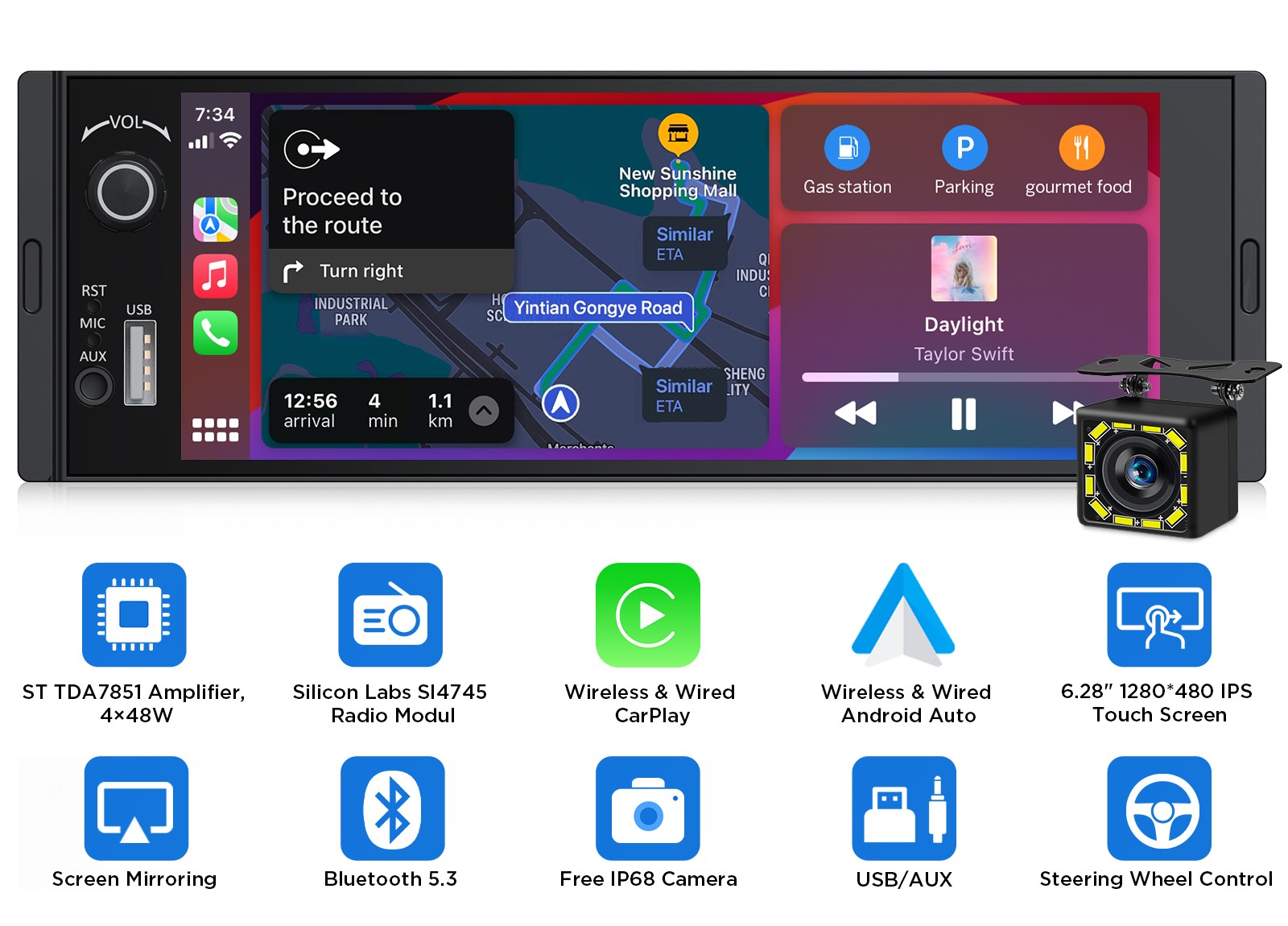 Android Auto 6.28″ IPS Single 1DIN Car Stereo Wireless CarPlay GPS Bluetooth 5.3