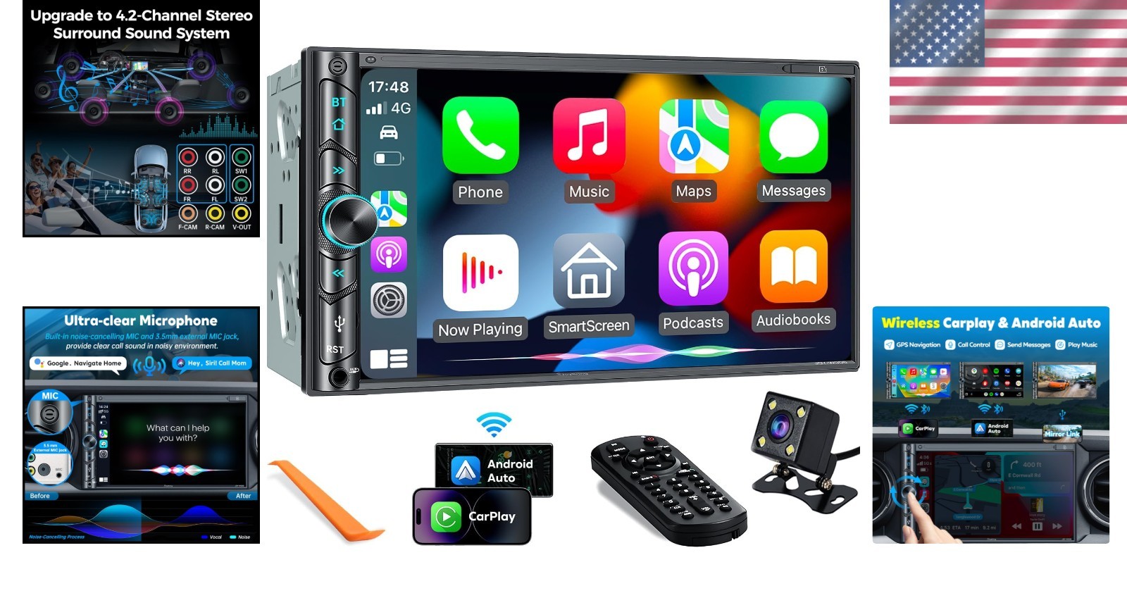 Touchscreen Car Radio with Subwoofer Ports and Bluetooth