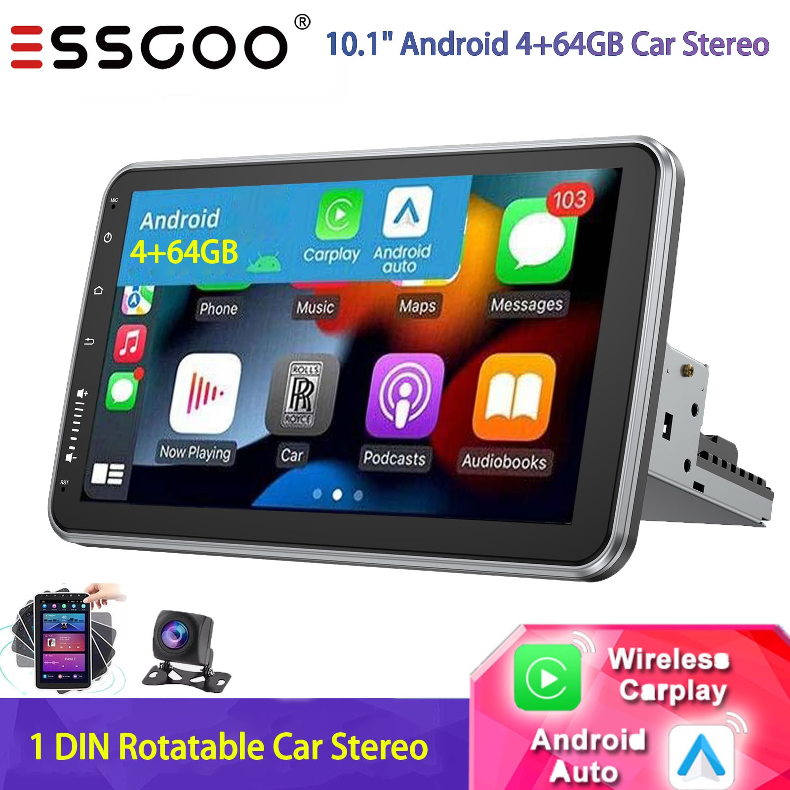 Single 1 DIN Touch Screen 360° Rotatable Android 13 Car Stereo Radio GPS+Camera