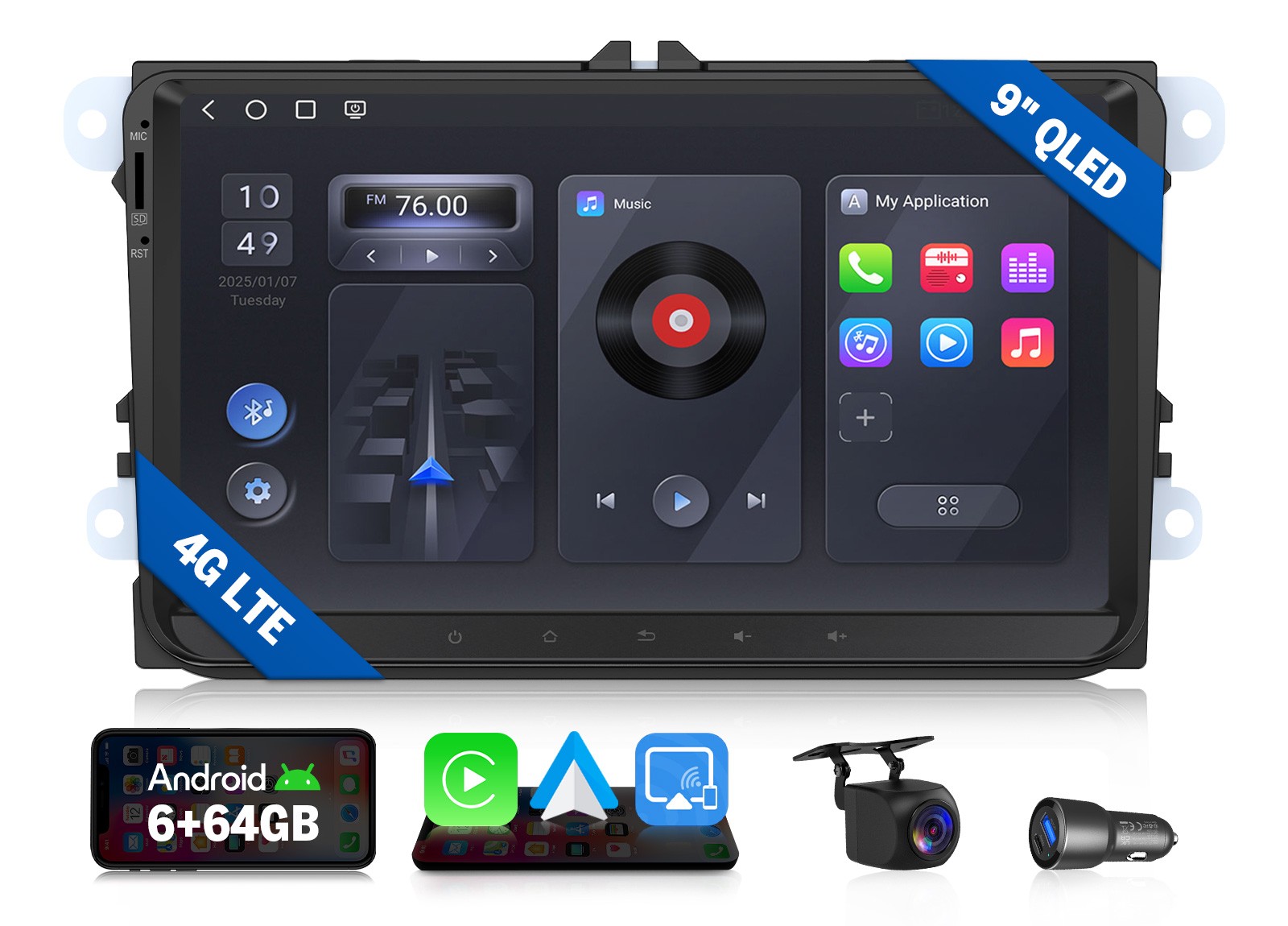 9″ QLED 6+64 Android Auto for VW Golf MK5 MK6 Car Stereo Radio CarPlay Bluetooth