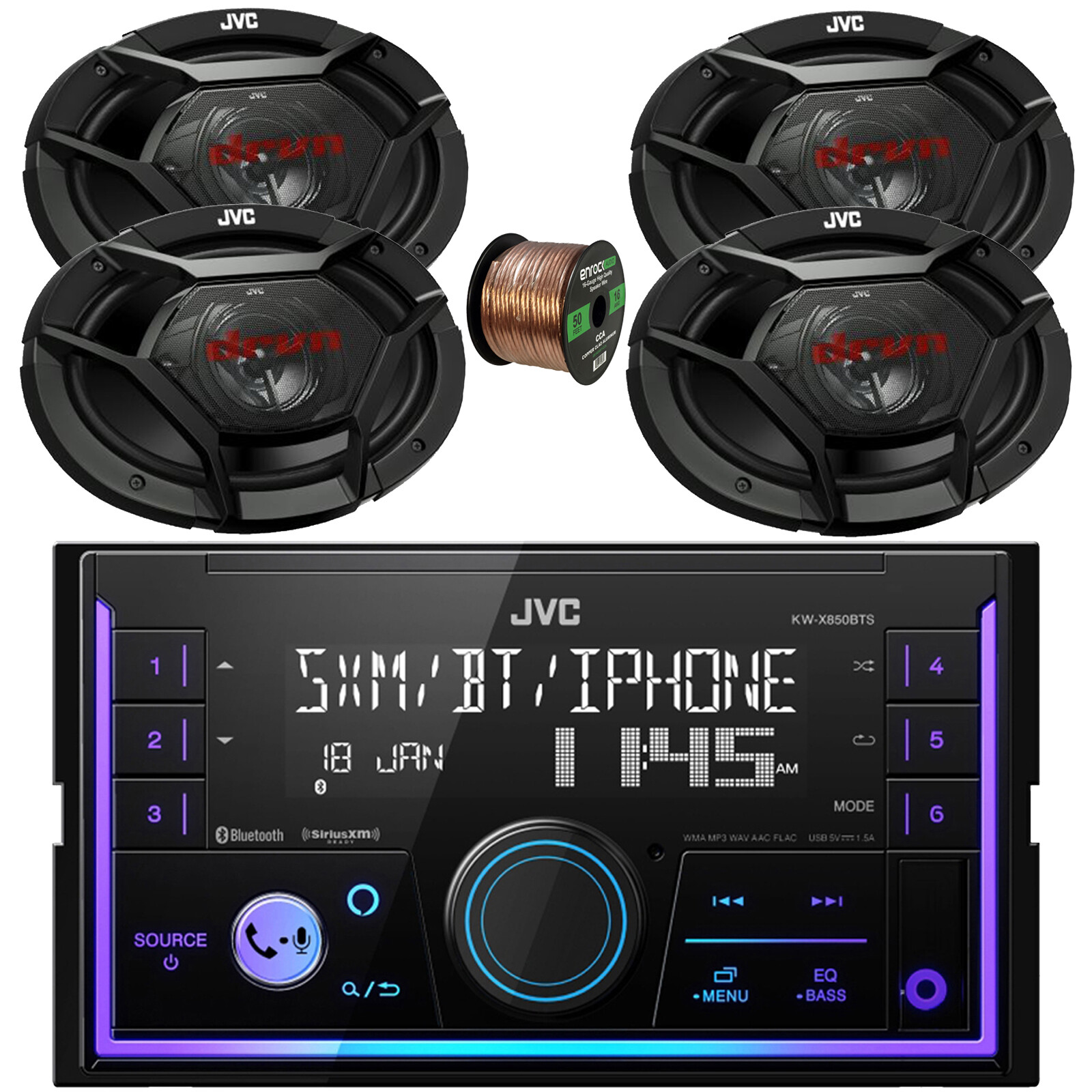 In-Dash 2DIN USB/AUX Bluetooth Receiver, 4x 6×9″ 500 Watt Vehicle Speakers, Wire