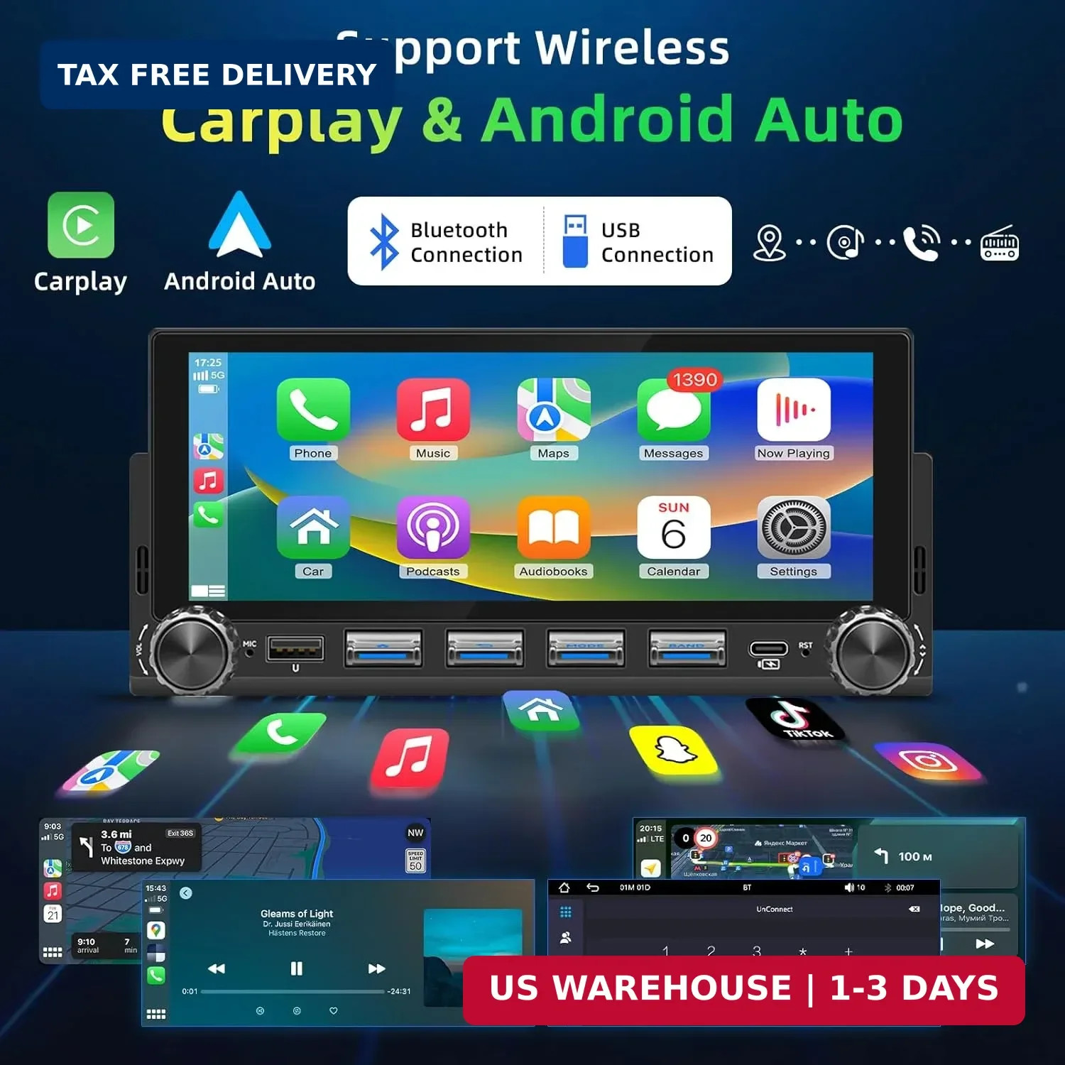 6.86″ Wireless Carplay Android Auto Single Din Touchscreen Stereo Backup Camera
