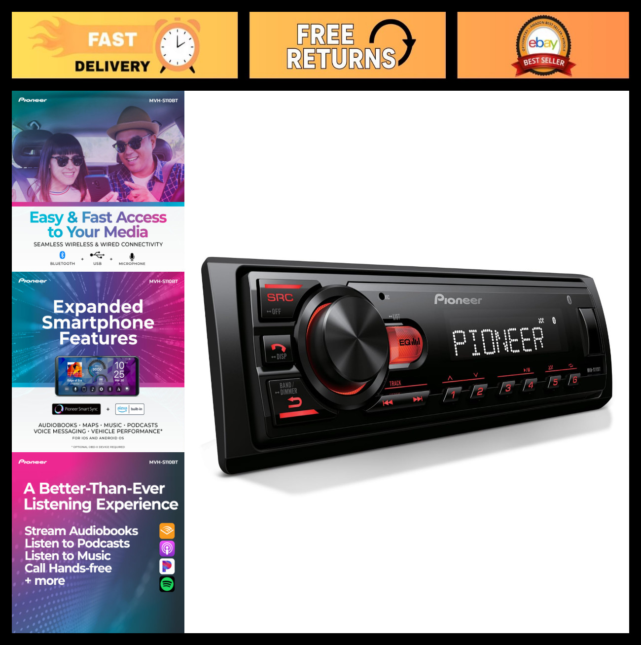 Digital Media Receiver Car Stereo – Bluetooth, USB, 50W x 4, AM/FM, iPhone & And