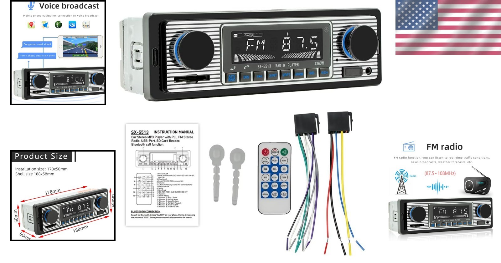 Vintage Bluetooth Car Radio with FM Tuner, Hands-Free Operation & Remote Control