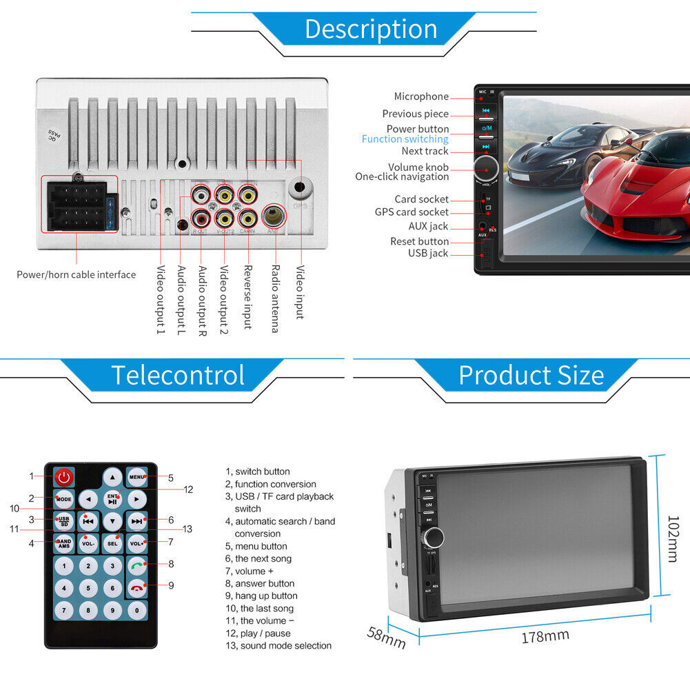 7” Car Stereo Radio Bluetooth Hands Free Calling 2DIN MP5 Player Screen Mirror*