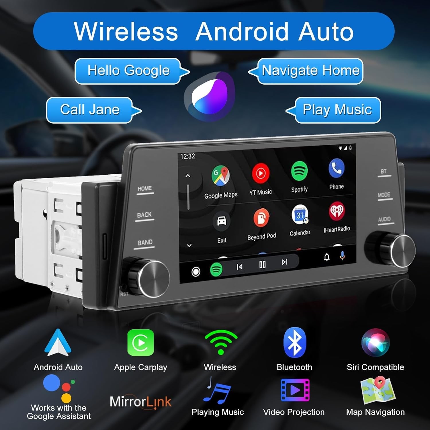 5 Inch IPS Touchscreen Single Din Car Radio with Wireless Carplay & Android Auto