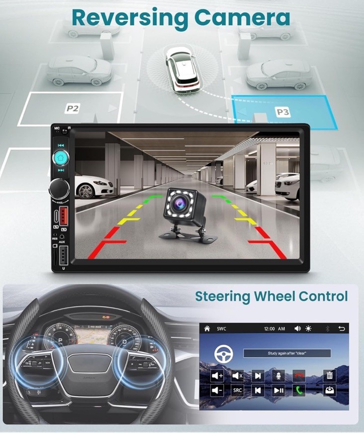 Double Din Car Stereo with Wireless Carplay & Android , 7 Inch HD Touch back up