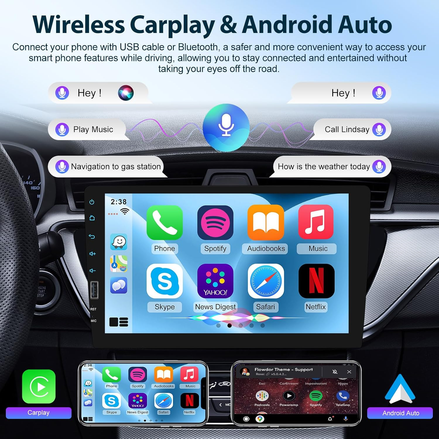 Single Din Touchscreen Radio with Wireless Carplay and Android Auto – 9 Inch Car