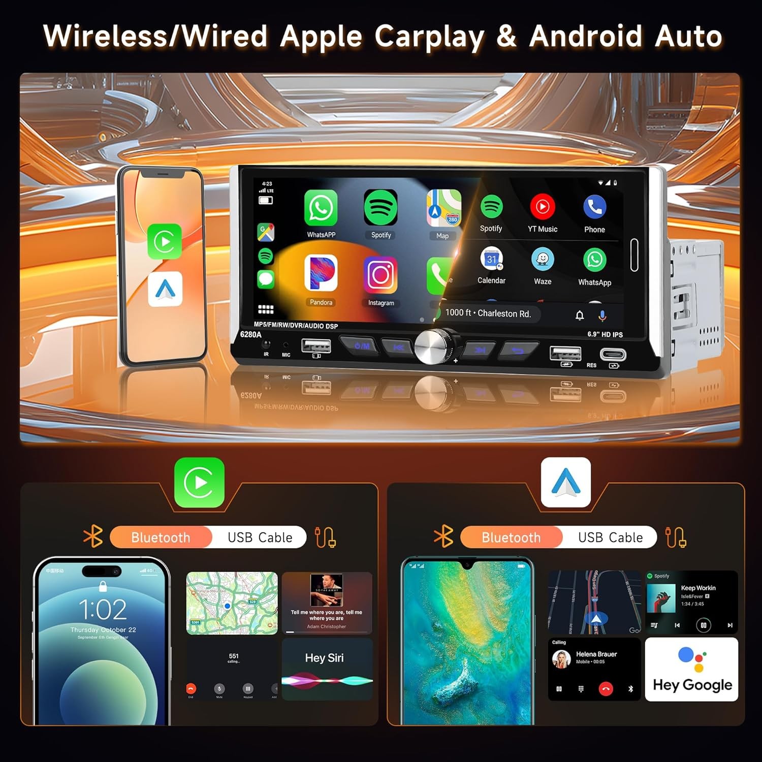 2+64GB Single Din Car Stereo Wireless Apple CarPlay 6.9 touchscreen BT Radio USB