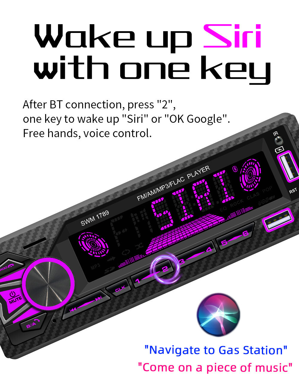 Single DIN Car Stereo Bluetooth Receiver AM/FM AUX APP Control Colorful Lights